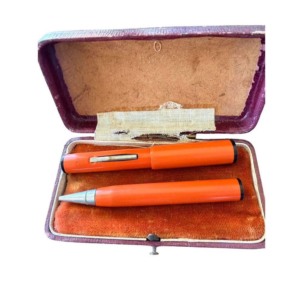 Vtg Fountain short Pen Pencil Set Orange Good Lever Fill Retro MCM